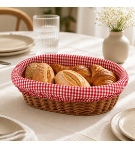 Oval Ekmek Sepeti 21 × 29 cm, Çıkarılabilir Kırmızı Pötikare Kumaşlı Hasır Görünümlü Kahvaltı ve Sunum Sepeti