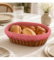 Oval Ekmek Sepeti 21 × 29 cm, Çıkarılabilir Kırmızı Pötikare Kumaşlı Hasır Görünümlü Kahvaltı ve Sunum Sepeti
