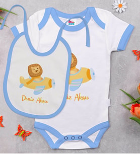 BK Kids Kişiye Özel Sevimli Pilot Tasarımlı Mavi Bebek Body Zıbın ve Mama Önlüğü Hediye Seti-4