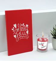 BK Gift Sevgililere Özel İsimli Kırmızı Defter ve Cam Bardakta Kalp Figürlü Kokulu Mum Hediye Seti-10, Sevgiliye Hediye, Sevgililer Günü