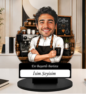 Kişiye Özel Karikatürlü Biblo Barista Masaüstü Ahşap İsimlik Fotoğraflı Barista Hediyesi En Başarılı Barista Dekoru Kahve Temalı Hediye Kahve Sever Hediyesi
