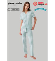 Pierre Cardin Paris Premium Kadın Modal Pamuklu Çizgili Önden Düğmeli Kısa Kollu Pijama Takım