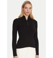 Lacoste Tight Fit High Neck 3D Ribbed Knit Sweater Kadın Dar Kesim Yarım Fermuar Tam Boy Fitilli Kazak Siyah