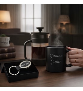 Kişiye Özel Kupa Bardak Anahtarlık French Press  Erkek Kadın Hediye Seti