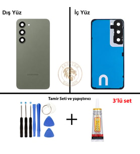Samsung Galaxy S23 Yeşil Renk Lensli Arka Kapak + Tamir Seti + B7000 Yapıştırıcı Arka Cam Batarya Kapağı Pil Kapağı Lazer Kesim Back Cover Galaxy S23 Uyumlu