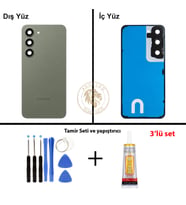 Samsung Galaxy S23 Yeşil Renk Lensli Arka Kapak + Tamir Seti + B7000 Yapıştırıcı Arka Cam Batarya Kapağı Pil Kapağı Lazer Kesim Back Cover Galaxy S23 Uyumlu