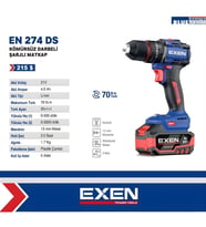 EXEN EN 274 DS - 21V 4Ah 70N.m Kömürsüz Darbeli Şarjlı Matkap EX010513