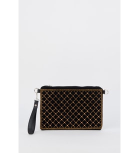 Kadın Kapitone Altın Taşlı Süet Bilek Askılı Ve Zincir Askılı Portföy El Ve Clutch Çanta