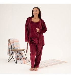 Estiva 3'lü İp Askılı Sabahlıklı Kadife Bayan Pijama Takım (Bordo)