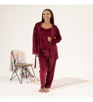 Estiva 3'lü İp Askılı Sabahlıklı Kadife Bayan Pijama Takım (Bordo)