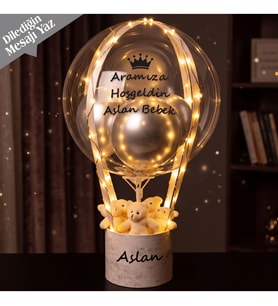 İsme Özel Mermer Desen Kutulu, Ayıcıklı ve Peri Işıklı Şeffaf Balon Tasarımı - Bebek Tebriği