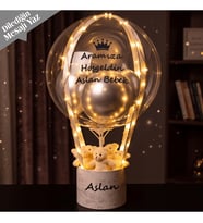 İsme Özel Mermer Desen Kutulu, Ayıcıklı ve Peri Işıklı Şeffaf Balon Tasarımı - Bebek Tebriği