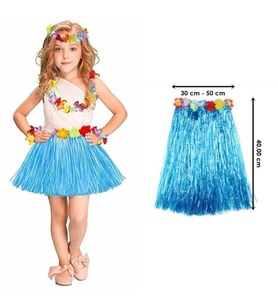 Yetişkin ve Çocuk Uyumlu Mavi Renk Püsküllü Hawaii Luau Hula Etek 40 cm
