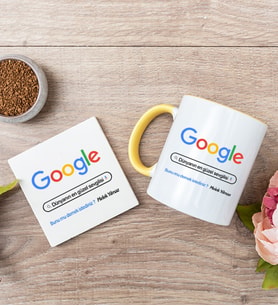 Kişiye Özel Google Tasarım Esprili Sarı Kupa ve Bardak Altlığı