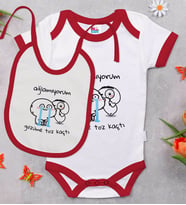 BK Kids Gözüme Toz Kaçtı Tasarımlı Kırmızı Bebek Body Zıbın ve Mama Önlüğü Hediye Seti-1