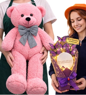Kişiye Özel Led Işıklı Aynalı Kelebek Buketi ve Pembe Peluş Ayıcık