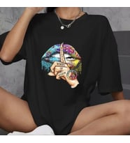 Unisex Bisiklet Yaka Baskılı Oversize T-Shirt - Siyah