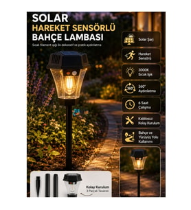 Solar Hareket Sensörlü Filament LED Bahçe Lambası 3000K Sıcak Işık Dış Mekan Yürüyüş Yolu ve Bahçe Aydınlatması Güneş Enerjili
