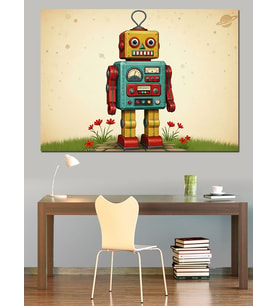 Gülümseyen Modern Robot İllüstrasyonu Dekoratif Kanvas - Mdf Ahşap Tablo