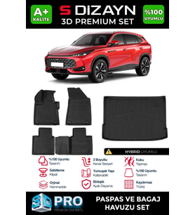 S-Dizayn MG HS Turbo Hybrid 3D Pro Havuzlu Paspas ve Bagaj Havuzu Seti (2'li SET) 2024 Üzeri A+ Kalite