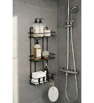 Haus 3 Katlı Siyah Yapışkanlı Banyo Rafı, 2 Kancalı Şampuanlık Düzenleyici, Metal Banyo Askısı