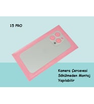 Tkgz - iPhone 15 PRO Arka Pil Batarya Kapağı - Cam kapak Geniş Lens Deliği - GRİ