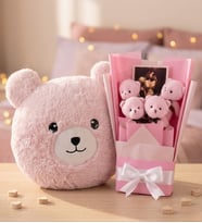 Kişiye Özel Fotoğraflı Pembe Peluş Ayıcık Buketi & Ayı Yastık - Özel Gün Hediyesi  Kıza, Sevgiliye Hediye