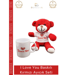 #AyıcıkSeti I Love You Baskılı Tişörtlü Peluş Hediye Kırmızı Ayıcık Porselen Kupa Bardak Seti