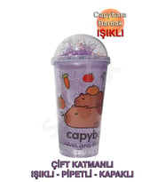 Capybara Çift Cidarlı, Işıklı, Pipetli, Kapaklı Bardak