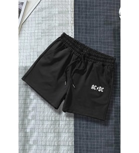 Tasarım Baskılı Pamuk Unisex Penye Short (Siyah)
