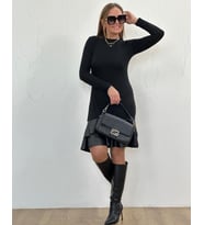 Kadın Uzun Kollu Bisiklet Yaka üst Viskon Etek Ucu Deri Kısa Elbise (Siyah)