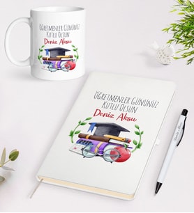 BK Gift Kişiye Özel Öğretmenler Günü Tasarımlı Beyaz Defter Kalem Kupa Seti - 3