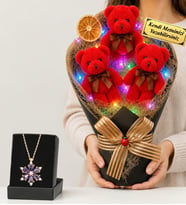 Kişiye Özel Renkli Led Işıklı Kırmızı Peluş Ayıcık Buketi ve Gerçek Ametist Taşlı Lotus Kolye