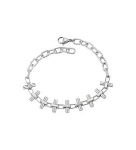 Zincir Detaylı Çubuk ve Halka Motifli Platin Kaplama Minimalist Kadın Bileklik (Silver)