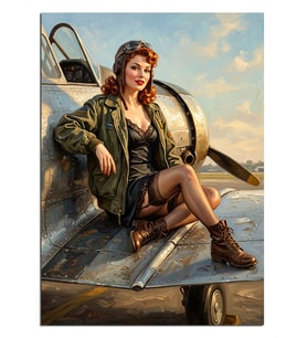 Uçak Kanadında Pilot Kıyafetli Pinup Kız Dekoratif Kanvas - Mdf Ahşap Tablo