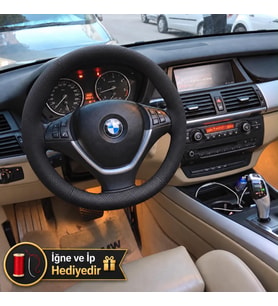 BMW X5 E70 Dikme Direksiyon Kılıfı Premium Komple Delikli Deri Siyah Dikiş 2006-2013