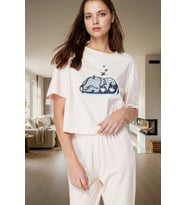 Kadın Pudra Fil Baskılı Pamuklu Regular Pijama Takımı Özenle Seçilmiş Dayanıklı Malzeme Rahat Kullan