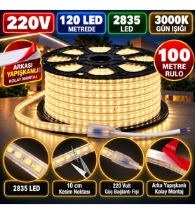 100 Metre 220V 8mm 2835 120 Led 3000K Günışığı Arkası Yapışkanlı Hortum Led IP65 Güç Kablosu Dahil