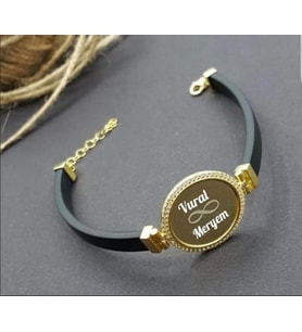 925 AYAR GOLD 14K Renk Deri Bileklik Kişiye Özel Zirkon Taşlı Plaka Bileklik