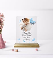 BK Gift Kişiye Özel Fotoğraflı Hoşgeldin Bebek Tasarımlı Ahşap Standlı Çerçeve Mavi-1