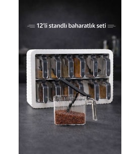 12 Lİ Standlı Kendinden Yapışkanlı Kaşıklı Baharatlık Takımı-Kulplu Baharatlık BEYAZ RENK