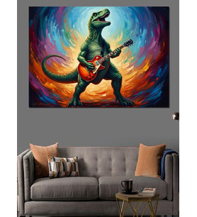 Gitar Çalan Rockçı Dinozor İllüstrasyonu Dekoratif Kanvas - Mdf Ahşap Tablo