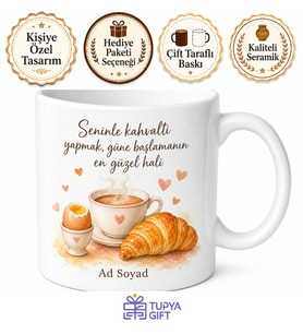 Kahvaltı Daveti Temalı Baskılı Kupa Bardak Hediye Özel Tasarım Porselen Mug