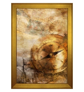 Pusula ve Harita Soyut Motifli Kanvas Tablo 80 x 110 cm Gold Çerçeve