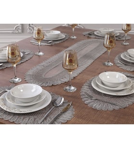 Amerikan Servis Supla ve Runner Seti 7 Parça Set Nakışlı Vivien Gri Masa Ve Sunum Takımı Vivien6'lı Gri Oval Set, 1 Runnerlı Set