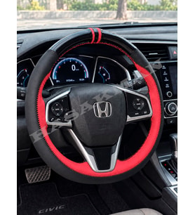 Honda Civic FK7 Dikme Direksiyon Kılıfı Parlak Siyah Kırmızı Detaylı Kırmızı Çift Yüzük ve Dikiş 2016-2021
