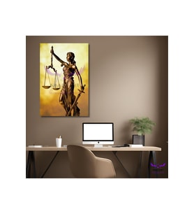 Tekli Dikey Kanvas Hukuk Ofis Tablosu Adalet Terazisi ve Kadın