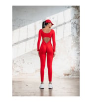 Kırmızı Uzun Kollu Arkası Büzgülü ( Scrunch Butt ) Spor Tayt Tulum
