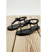 Kadın T-Strap Sandalet Bilekten Bağlamalı Taş Detaylı Düz Topuklu Yaz Ayakkabısı Günlük Rahat Modern