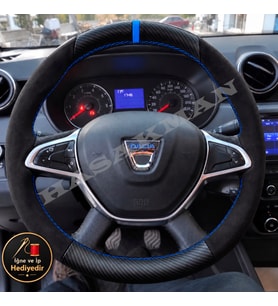 Dacia Stepway Dikme Direksiyon Kılıfı Alcantara Süet Mat Karbon Mavi Yüzük ve Dikiş 2017-2021